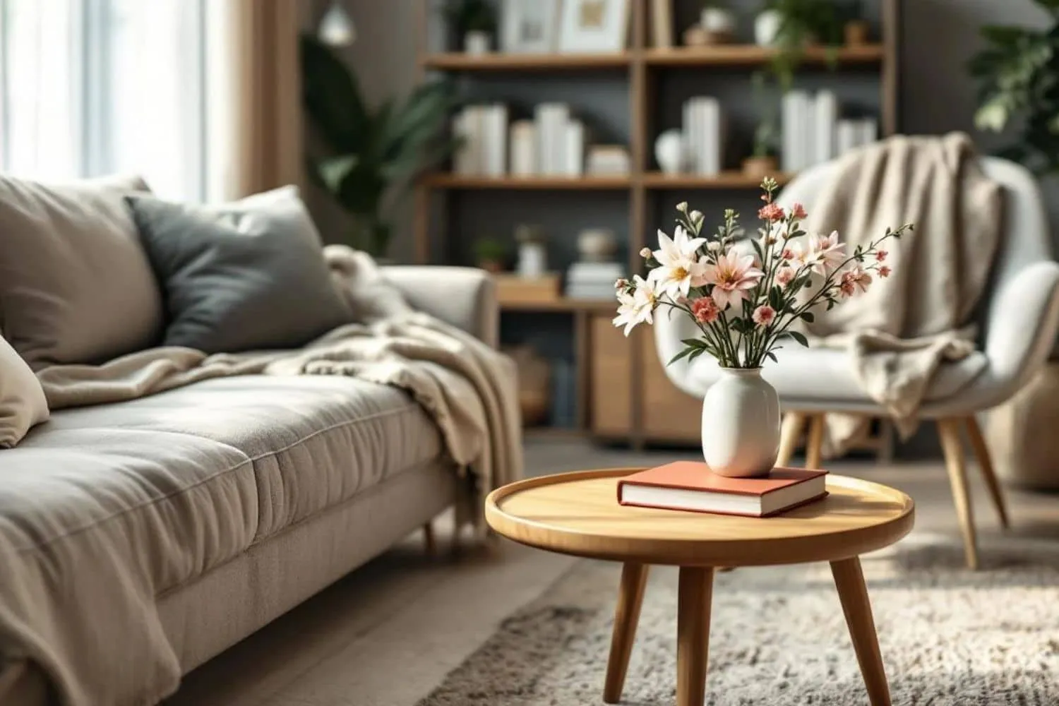 Salon moderne avec fleurs et fauteuil confortable.